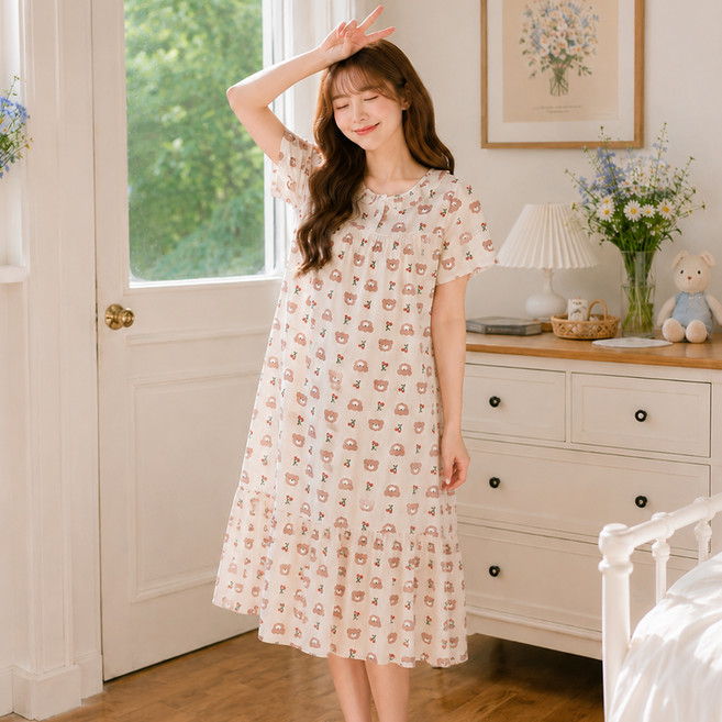 파란 여성용 스윗베어 요루면 시원한 반팔 원피스 잠옷