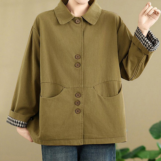 퀸이즈 여성용 소매체크 클래식 포켓 간절기 미디 자켓