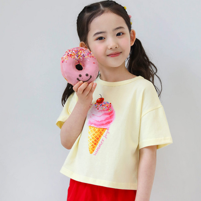 로로샤 아동용 통기성 면 세미크롭 아이스크림 반팔 티셔츠
