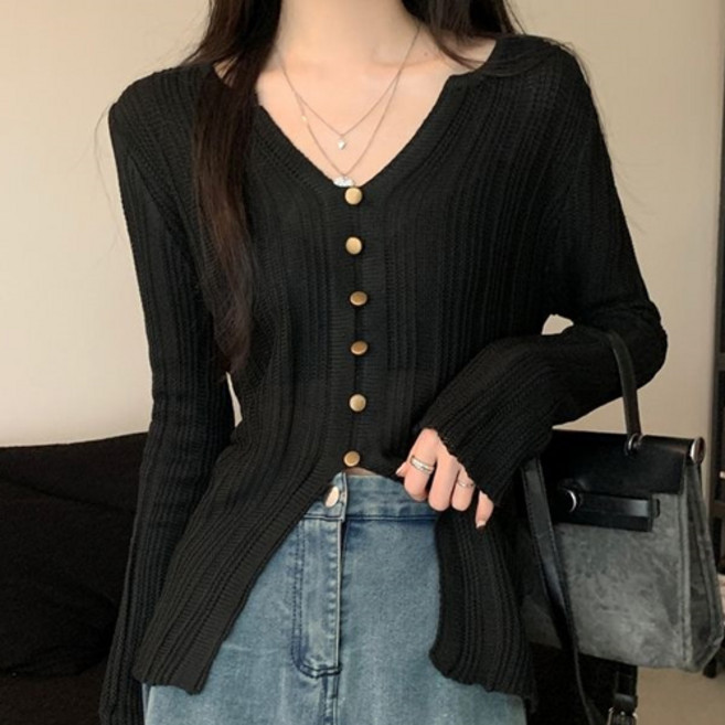더플로우커머스 여성용 어반무드 버튼라인 브이넥 니트 가디건