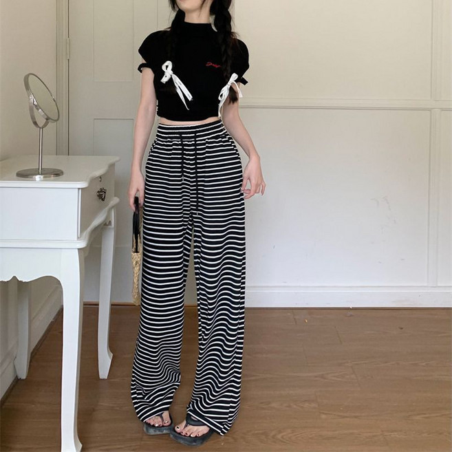 피어니스트 여성용 스트라이프 밴딩 캐주얼 드로스트링 팬츠