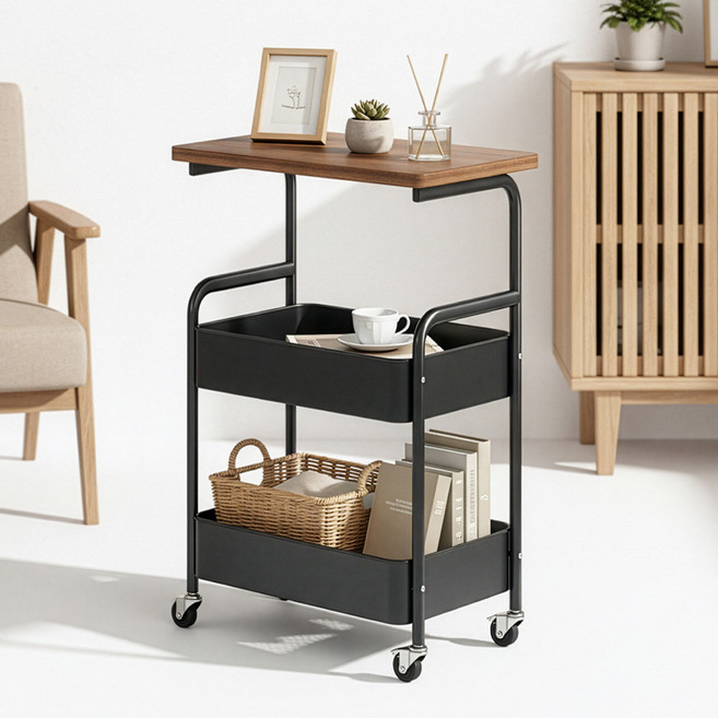 리네프 철제 이동식 테이블 트롤리, 블랙, 3단