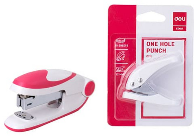 델리 칼라 둥근 33호침 사용 스테이플러 0319 + 미니 1공 펀치 0111 세트, 핑크(스테이플러), 랜덤발송(펀치), 1세트