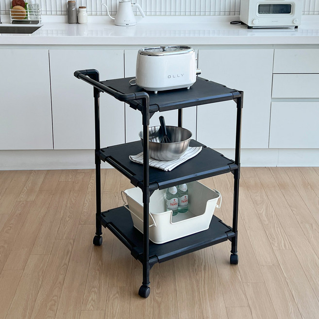 뱅크 국내 제조 이동식 트롤리 소, 블랙, 3단