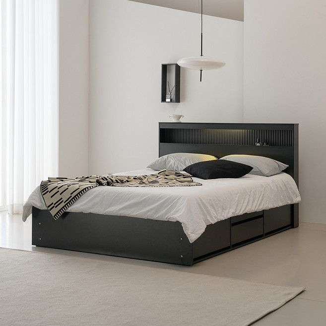웰퍼니쳐 헤일로 LED 호텔식 수납 침대프레임 단품 방문설치, 블랙