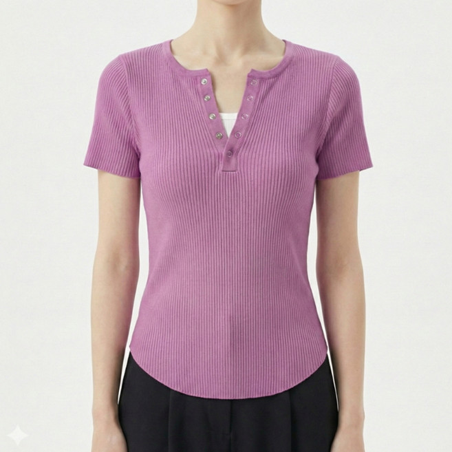 Sonio 女款亨利領排扣短袖針織衫