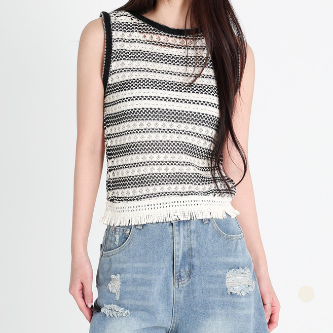 닷이프 여성용 태슬 여름 슬리브리스 니트 D263-0212FR