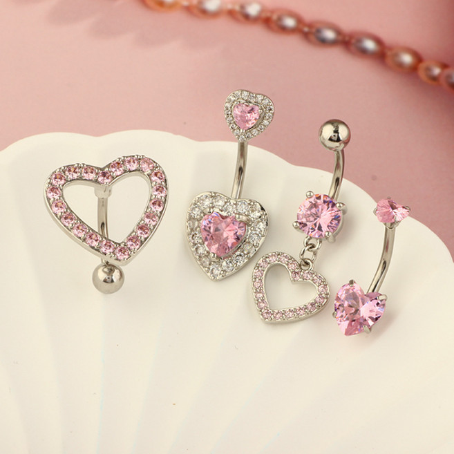 gelluna 女性用醫療鋼愛心方晶鋯石垂墜肚臍環4件組 BP-26