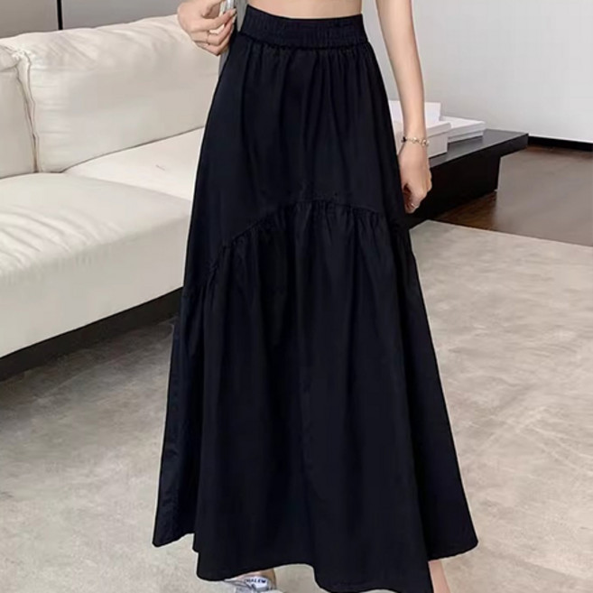 더플로우커머스 여성용 플로우폼 허리밴딩 플리츠 패치 편안한 롱스커트