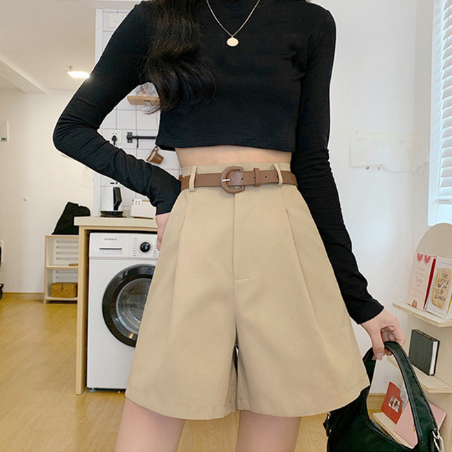 Goodif 女款不過短高腰褶飾A字西裝短褲