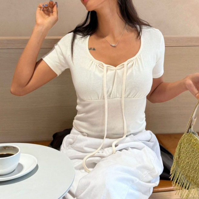 라라온 여성용 셔링 스트랩 스판 반팔 크롭 티셔츠 26TSP4019