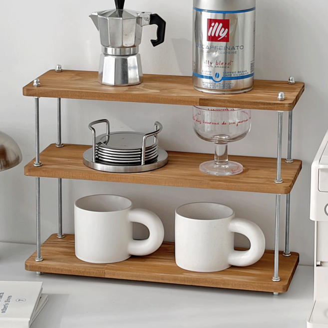 데미무드 카페바 우드 스텐 3단 미니 선반 컵보드 와이드, 브라운, 1개
