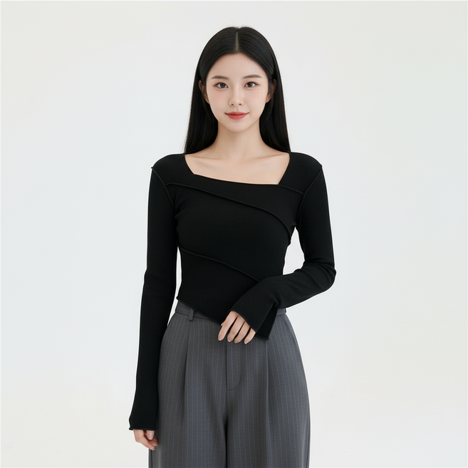 Marketpia 女款方領不對稱修身縫線長袖T恤