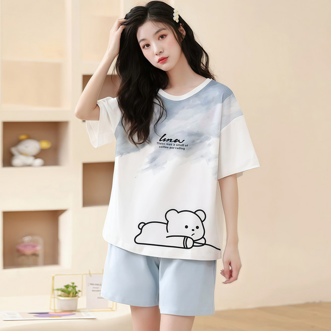 비올라 여성용 데일리 편한 루즈핏 잠옷 반팔 티셔츠 + 반바지 세트 VIO0045