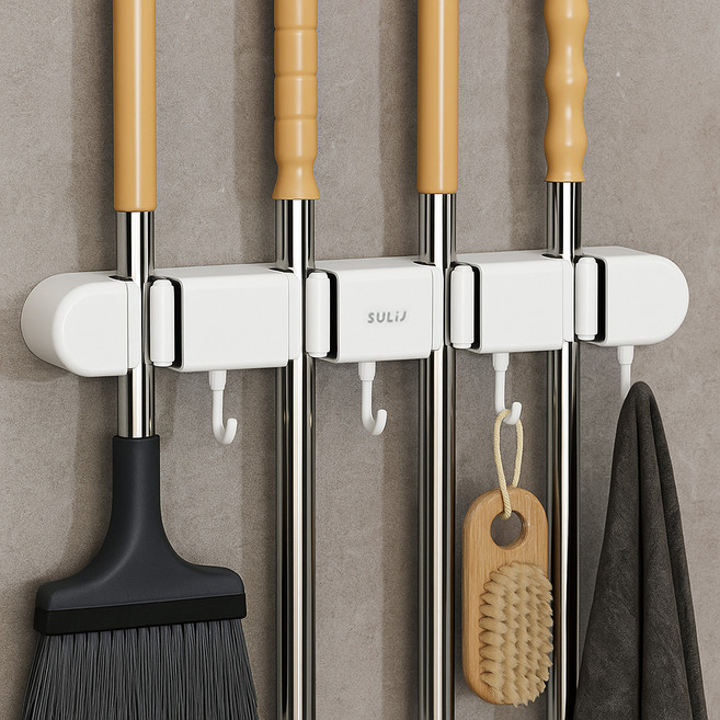 위더스욕실용품 원터치 무타공 멀티 도구걸이 청소도구 거치대 4구, 화이트, 1개