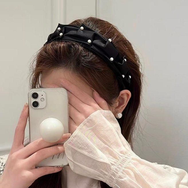 워더미 러블리 진주 새틴 셔링 넓은 헤어밴드 F629