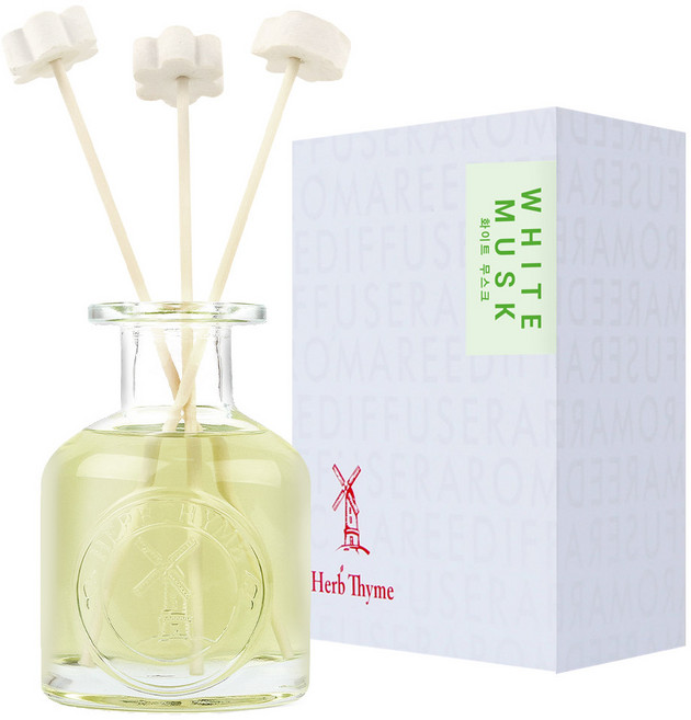 허브타임 NEW 실내용 디퓨저 130ml + 플라워 석고 랜덤발송 4p + 섬유스틱 5p 선물세트, 화이트무스크, 1개