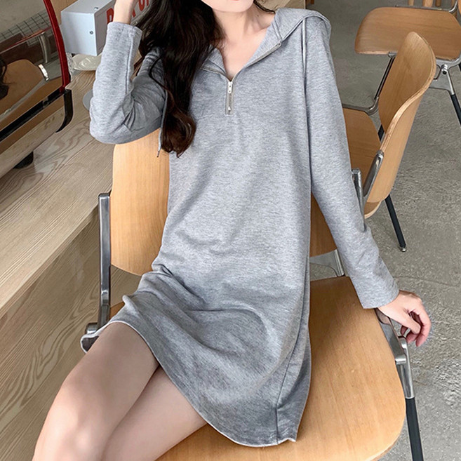 더시럽 여성용 꾸안꾸 심플 미니 A라인 후드 원피스