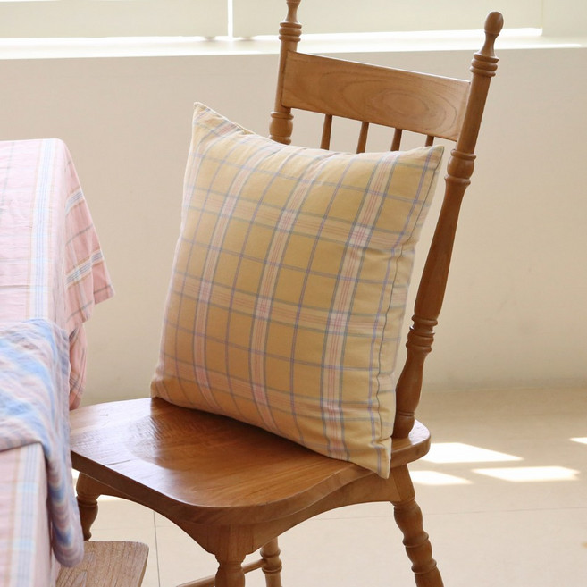 데코토닉 파스텔체크 쿠션커버 솜포함, 옐로우