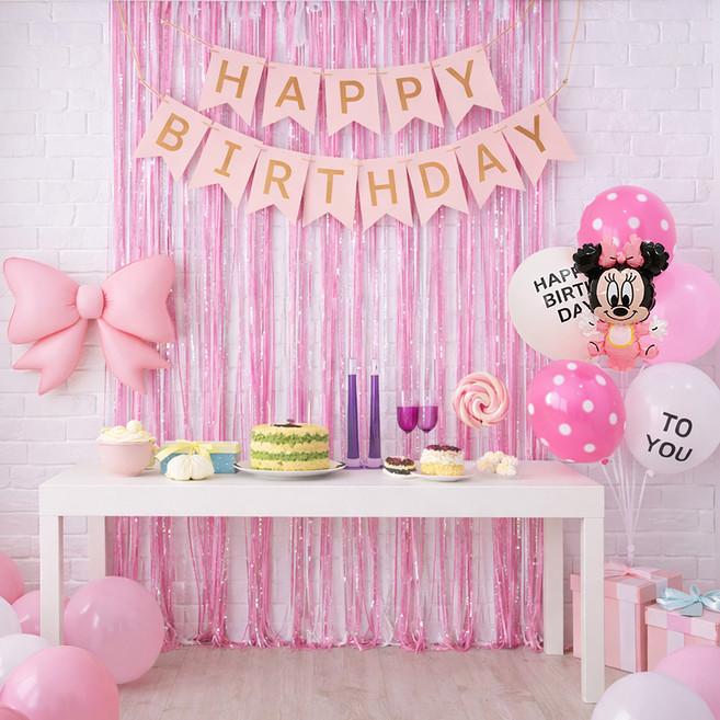 파티쇼 생일 파티 가랜드 + 커튼 + 풍선꽂이 세트, 도트로즈핑크미니베이비, 1세트