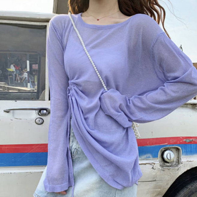 여성용 플로우폼 썸머데이 시스루 크롭 긴팔 티셔츠