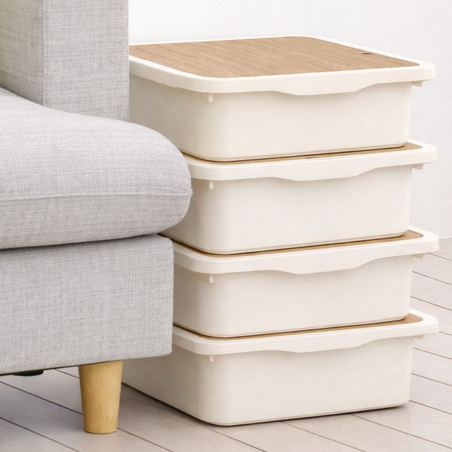 BONOHOUSE 木蓋儲物收納箱, 奶油色, 4個
