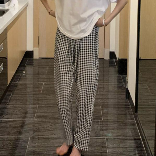 어리플 여성용 부드러운 체크 밴딩 잠옷 긴바지