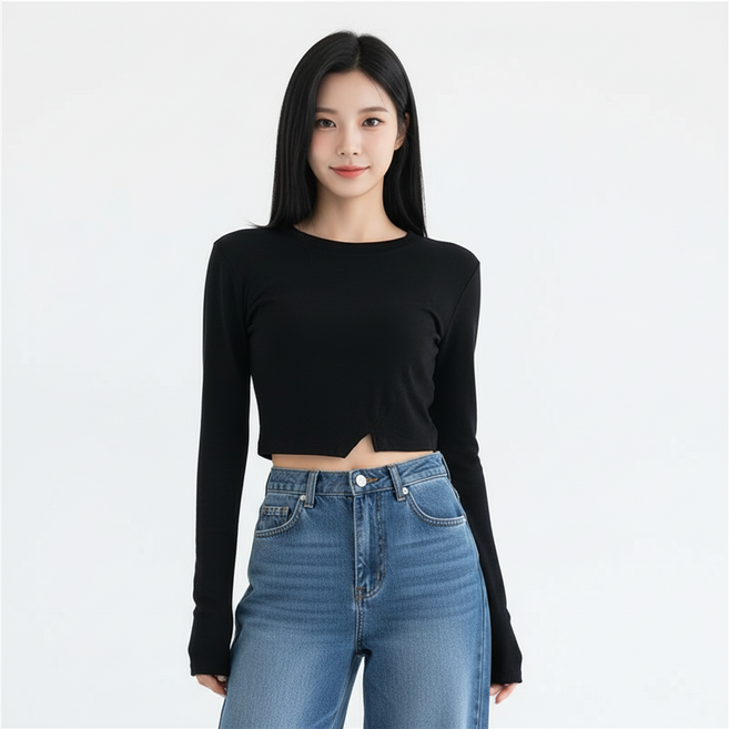 marketpia 女款修身圓領不對稱長袖T恤