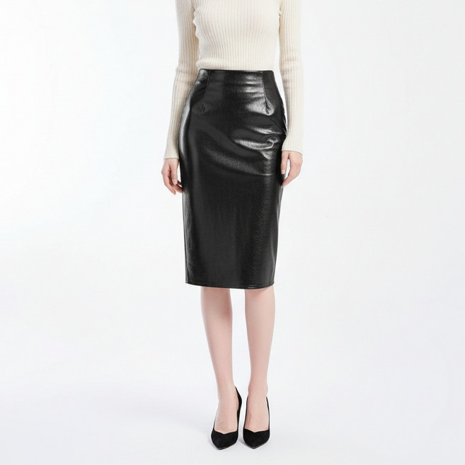 마켓피아 여성용 슬릿 레더 H라인 미디 스커트