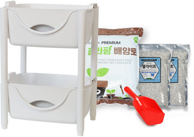 플라팜 저면관수 라운드화분 2단 세트(펄라이트4L+배양토10L+사은품)
