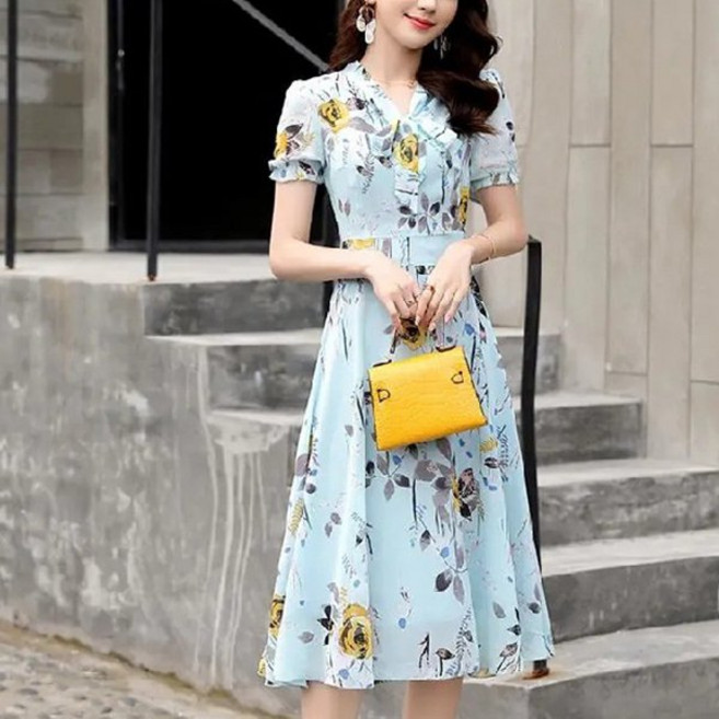 Madeobeutti 女款碎花雪紡連身裙 含大尺碼, 藍色