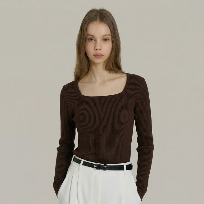 에이비플러스 여성용 스퀘어넥 골지 니트 티 LSA5MW42