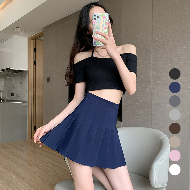 엘쏘 하이웨스트 플리츠 A라인 미니 스커트