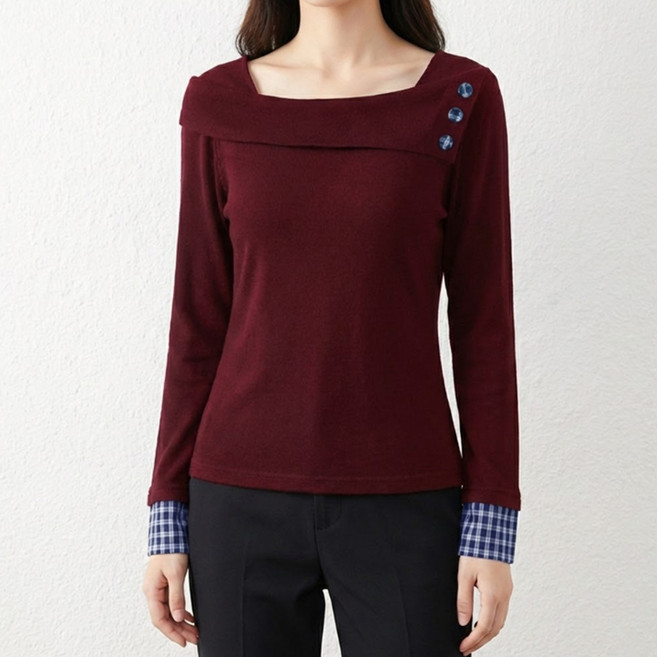 소니오 여성용 체크배색 소매 긴팔 니트