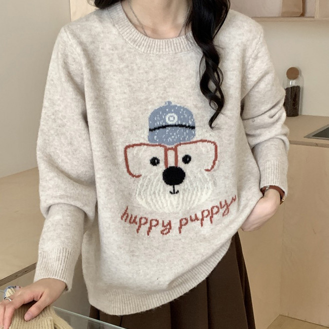 MEICHEL 女士紅色眼鏡快樂小狗針織毛衣 11899