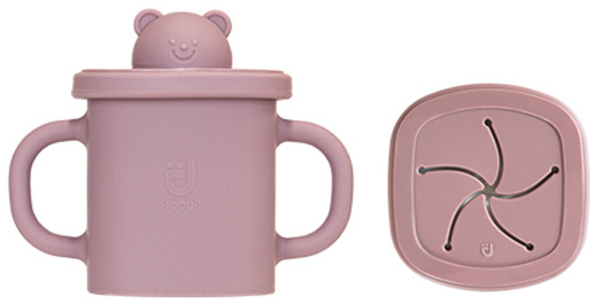 모두아이 실리콘 곰돌이 사각 스파우트컵 350ml + 스낵컵 세트, 핑크, 1세트