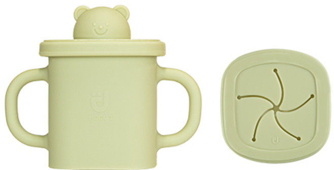 모두아이 실리콘 곰돌이 사각 스파우트컵 350ml + 스낵컵 세트, 그린빈, 1세트