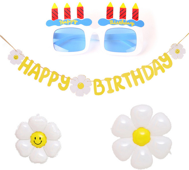 조이파티 데이지생일가랜드 + 풍선 소형 + 중형 + 생일촛불 안경 세트, 화이트(안경), 1세트