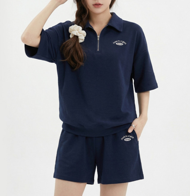 아이캔심플 여성용 반집업 미니로고 포인트 반팔 + 반바지 세트