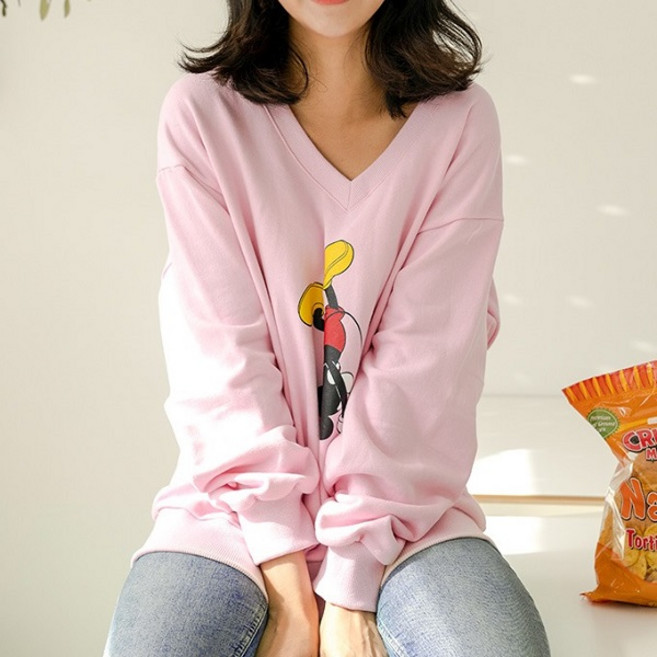 마른파이브 디즈니 미키마우스 브이넥 크롭 맨투맨 오버핏 티셔츠 DSN08T