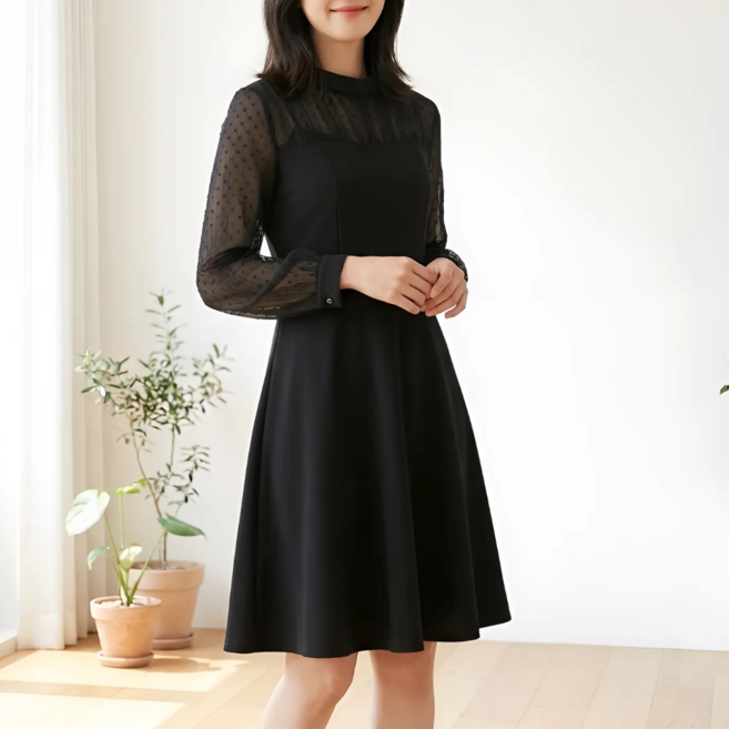 Goodif 女款修身腰線A字透膚袖修飾身形連身裙, 黑色