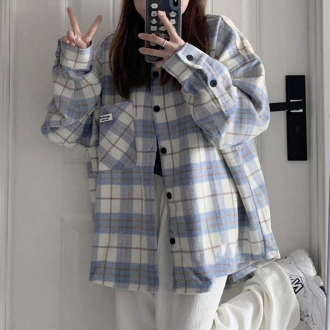 Goodif 女款淺藍格紋鈕扣襯衫