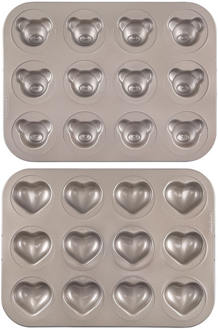 아노마드 통통하트 마들렌틀 팬 12구 + 아기 곰돌이 모양 마들렌틀 팬 12구 세트 골드, 1세트