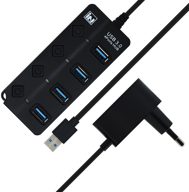 인네트워크 USB 3.0 지원 개별전원 스위치 4포트 확장 유전원 USB허브 IN-PW3U4BK, 1개