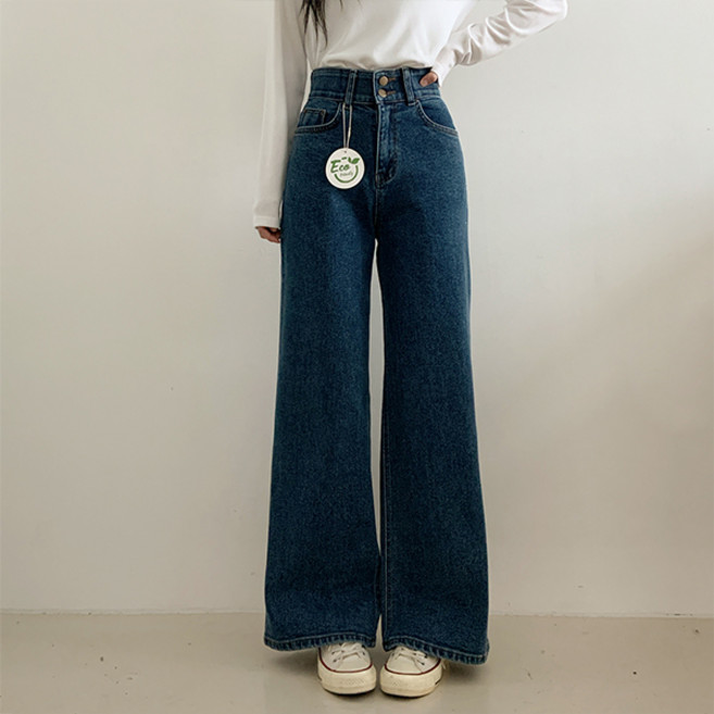 슈가펀 여성용 네디슨 더블 투버튼 와이드핏 데님 팬츠