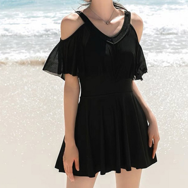 Goodif 女款可愛遮瑕效果裙子樣式泳衣, 黑色