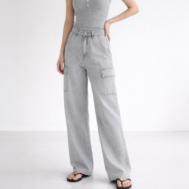 라라온 여성용 3단기장 카고 와이드 스트레이트 데님 팬츠 26TSP3887