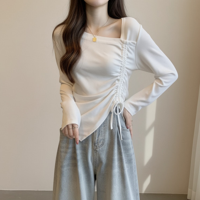 언헤브 여성용 사이드 셔링 스퀘어넥 티셔츠