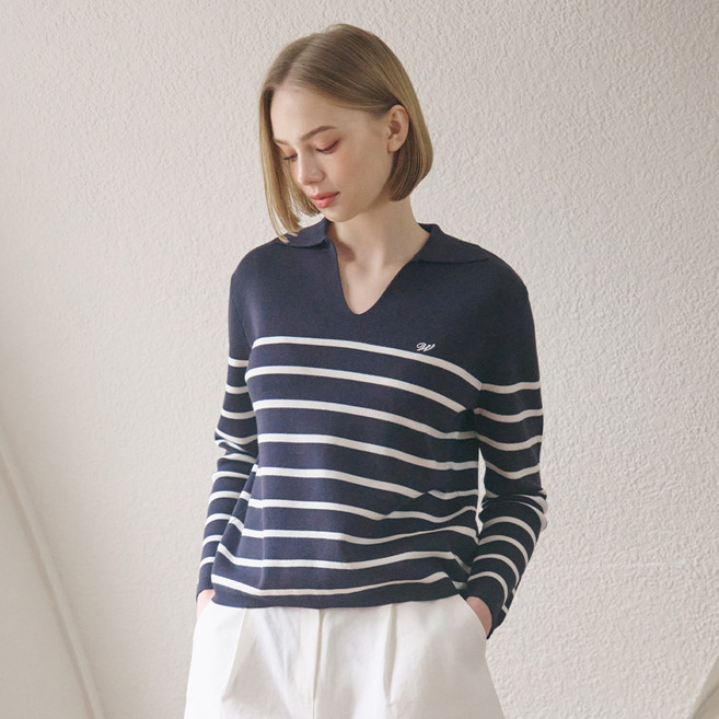 스위트숲 여성용 오픈 칼라넥 임브로이더드 스트라이프 니트 WB2LKF1