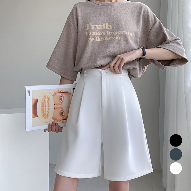 Elsso 女款後腰鬆緊帶百慕達壓褶單扣西裝五分褲